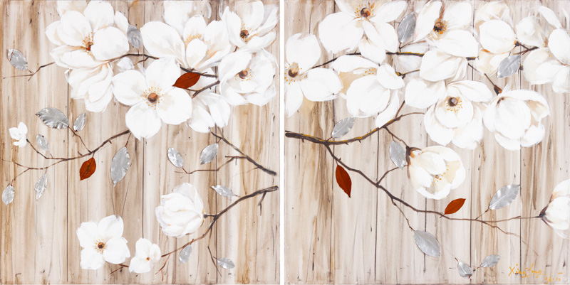 PXYW526 Wall décor art oil on canvas floral white flowers set of 2